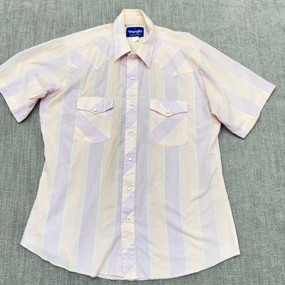 Vintage Wrangler Western Shirt Mens L Pink Purple Stripe Pearl Snap Cowboy